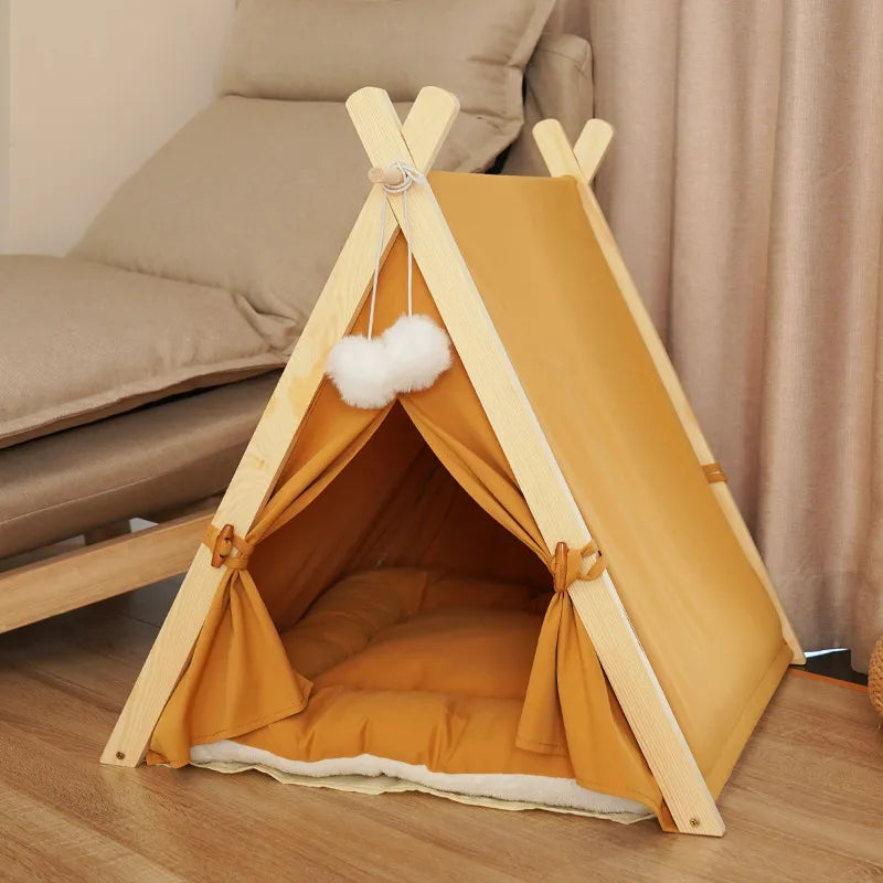 Removable Beige Stripe Pet Tent Bed