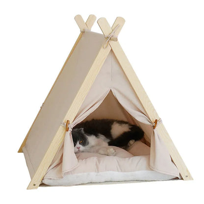 Removable Beige Stripe Pet Tent Bed