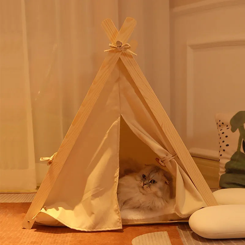 Removable Beige Stripe Pet Tent Bed